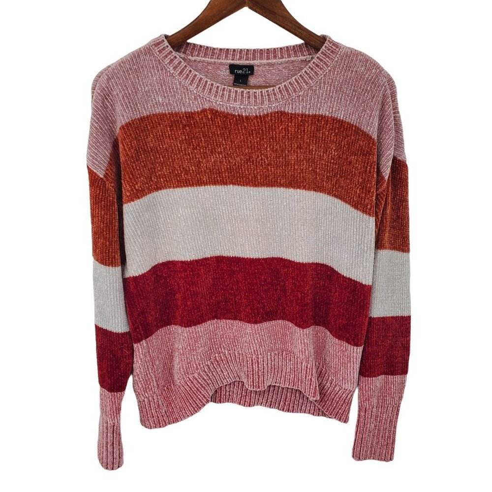 Rue21 Womens Striped Pullover Sweater Size L‎ Long Sleeve Soft Crew Neck Pink